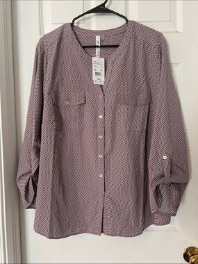 NY Collection Mauve Dot Button-Front Blouse
